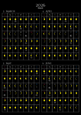 カレンダー No.7 満月・月齢・月相・朔望月の４ヶ月間カレンダーです。<br>  毎日の月の満ち欠けがわかります。<br>  お好きな月始まりにできます。<br>  このカレンダーは作成に数十秒の時間を要します。