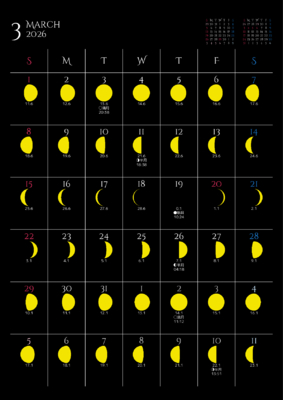 カレンダー No.9 満月・月齢・月相・朔望月カレンダーです。  毎日の月の満ち欠けがわかります。