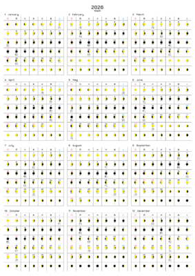 カレンダー No.11 満月・月齢・月相・朔望月の１年間カレンダーです。  毎日の月の満ち欠けがわかります。  お好きな月始まりにできます。  このカレンダーは作成に数十秒の時間を要します。