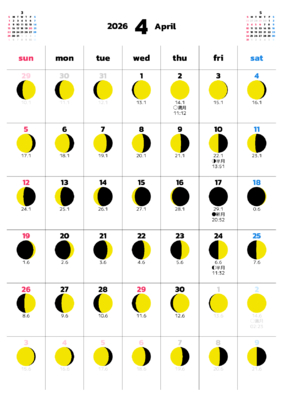 カレンダー No.4 満月・月齢・月相・朔望月カレンダーです。  毎日の月の満ち欠けがわかります。